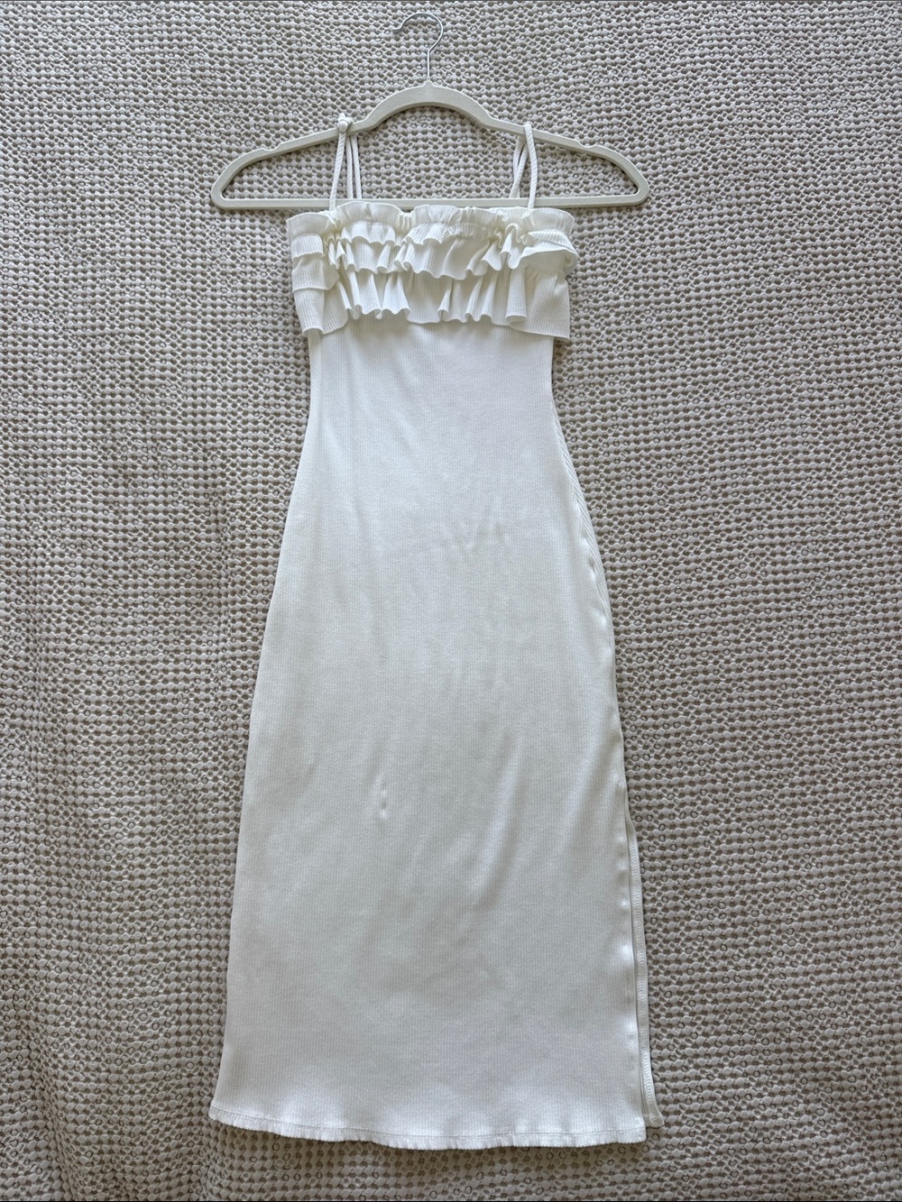 Fashion Nova Cream Ruffle-Trim Strappy Midi Dress